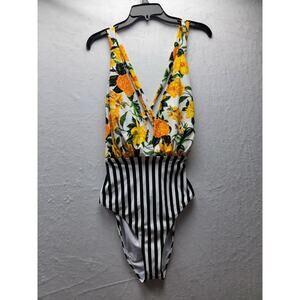 Cup She Floral and Black Stripes One Piece Swimsuit, Size M NWT